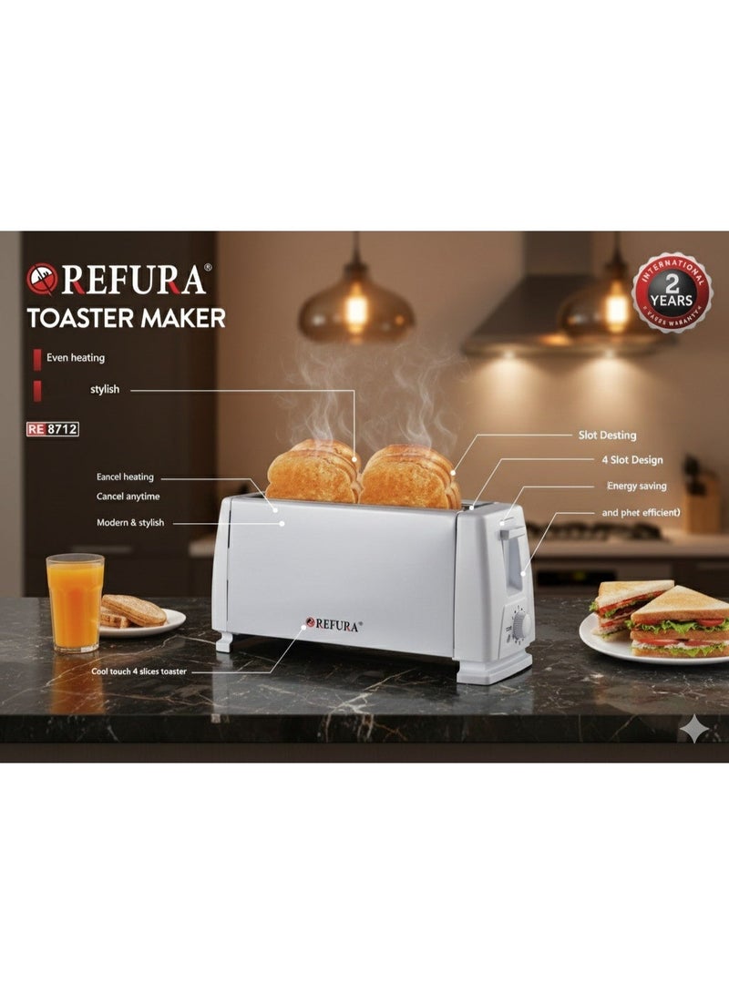 4 Slice Electric Bread Toaster | 1300W |with 6 Adjustable Shade & Temperature Settings | White RE-8712